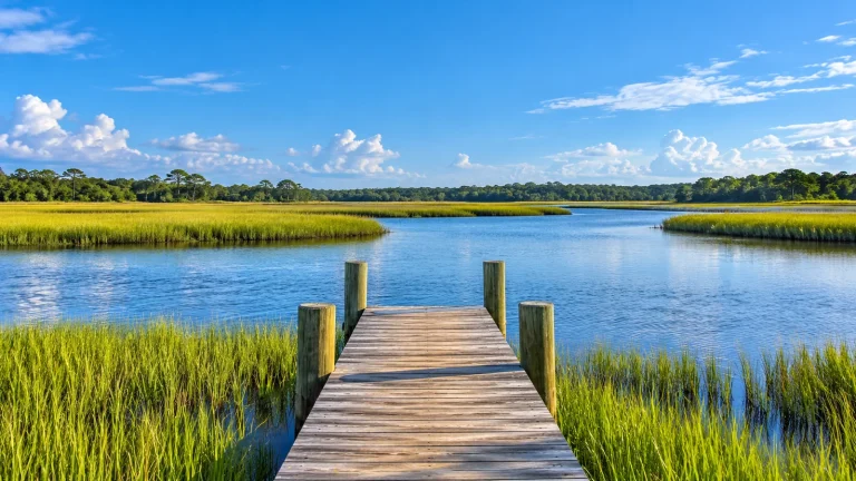 Wooden dock leading out over a tidal creek through green marsh grass, with a tree line under a blue sky