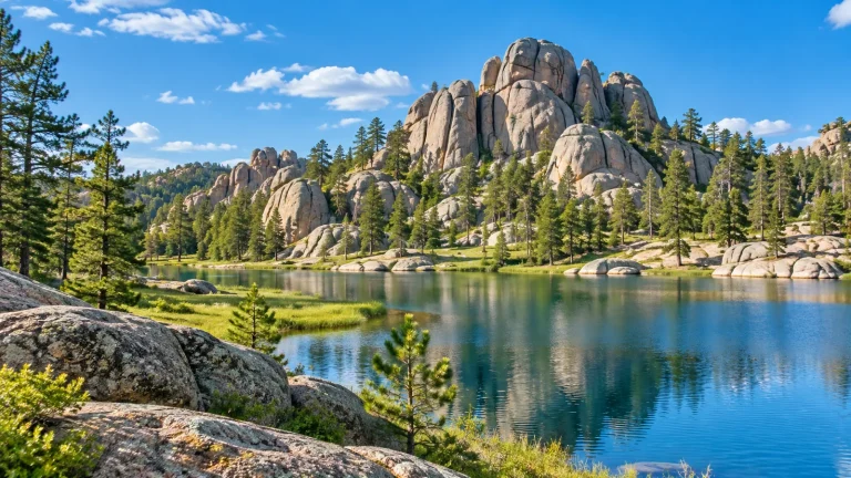 Rounded granite spires and pine forest reflected in a calm blue lake