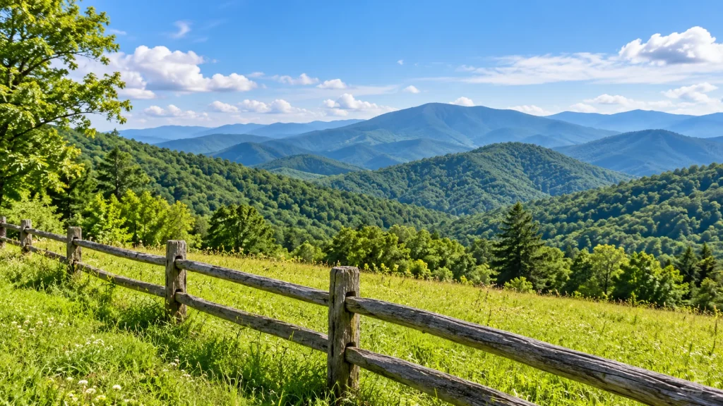 Weathered split-rail fence along a grassy meadow, with layered green mountain ridges beyond