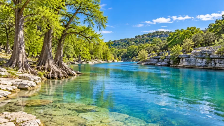 Clear blue-green river lined with large cypress trees and pale limestone banks under a blue sky