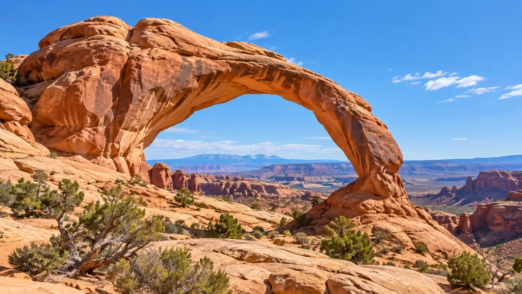 Large red sandstone arch framing desert canyons and distant mesas under a blue sky