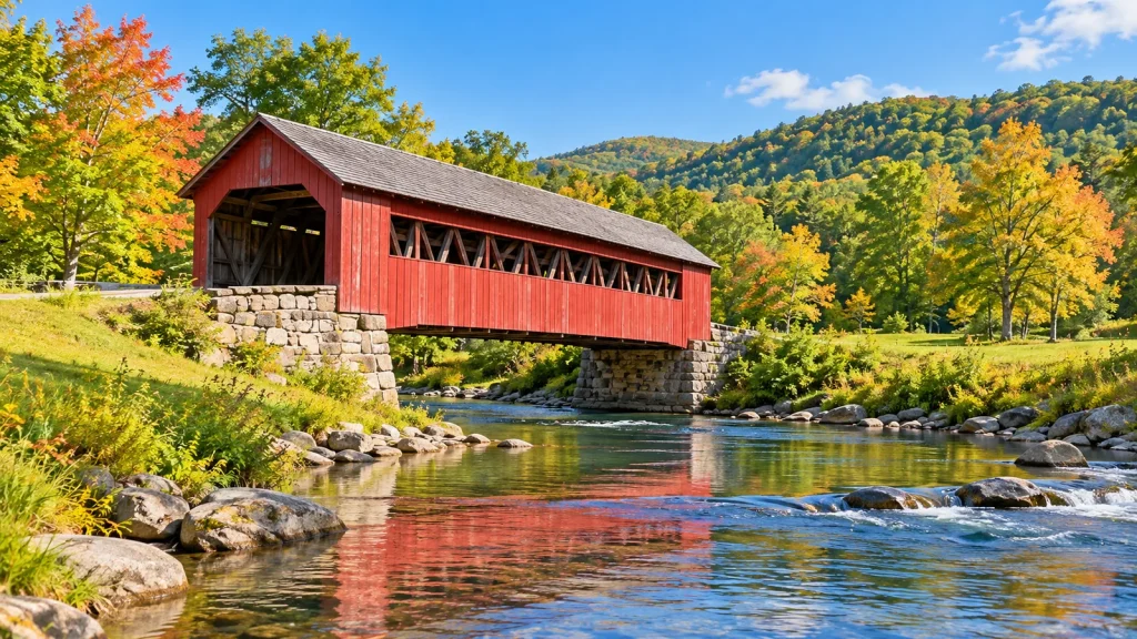 Red wooden covered bridge on stone abutments over a rocky creek, surrounded by autumn trees