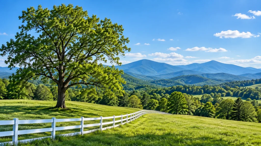 Large shade tree on a green pasture with a white fence, with layered blue mountain ridges beyond