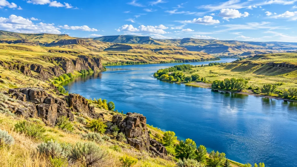 Broad blue river winding between open grassy hills and dark basalt cliffs under a blue sky
