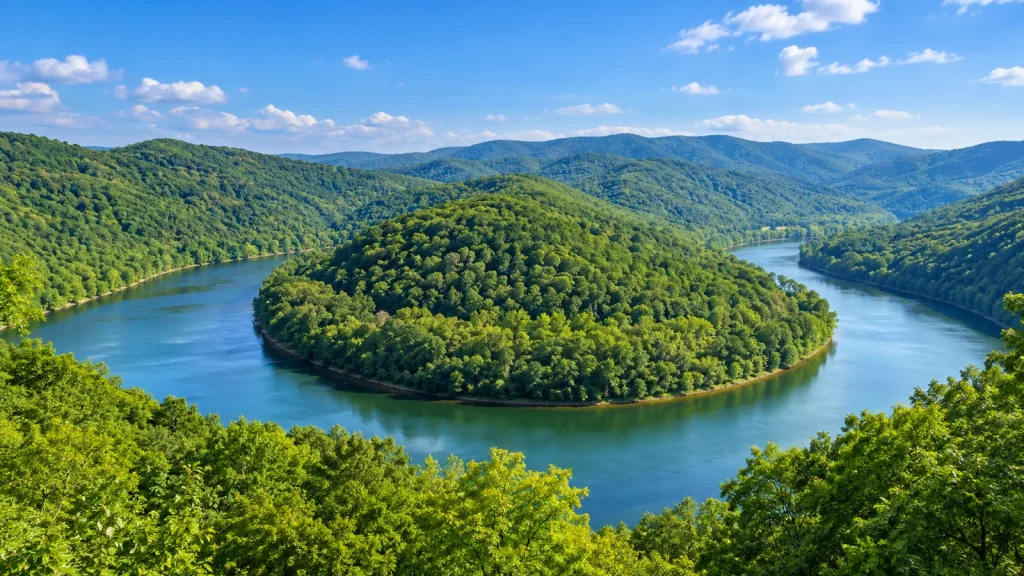 Broad river curving around a forested hill, surrounded by green wooded mountains