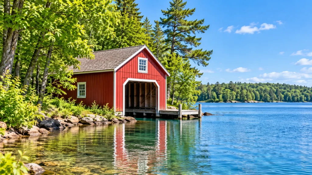 Red wooden boathouse over clear lake water, with pine and birch trees and a forested far shore