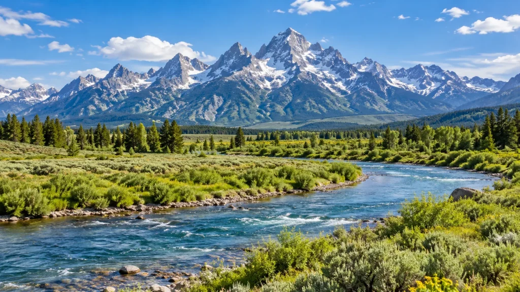 Clear river winding through sagebrush and evergreens beneath jagged snow-streaked mountain peaks